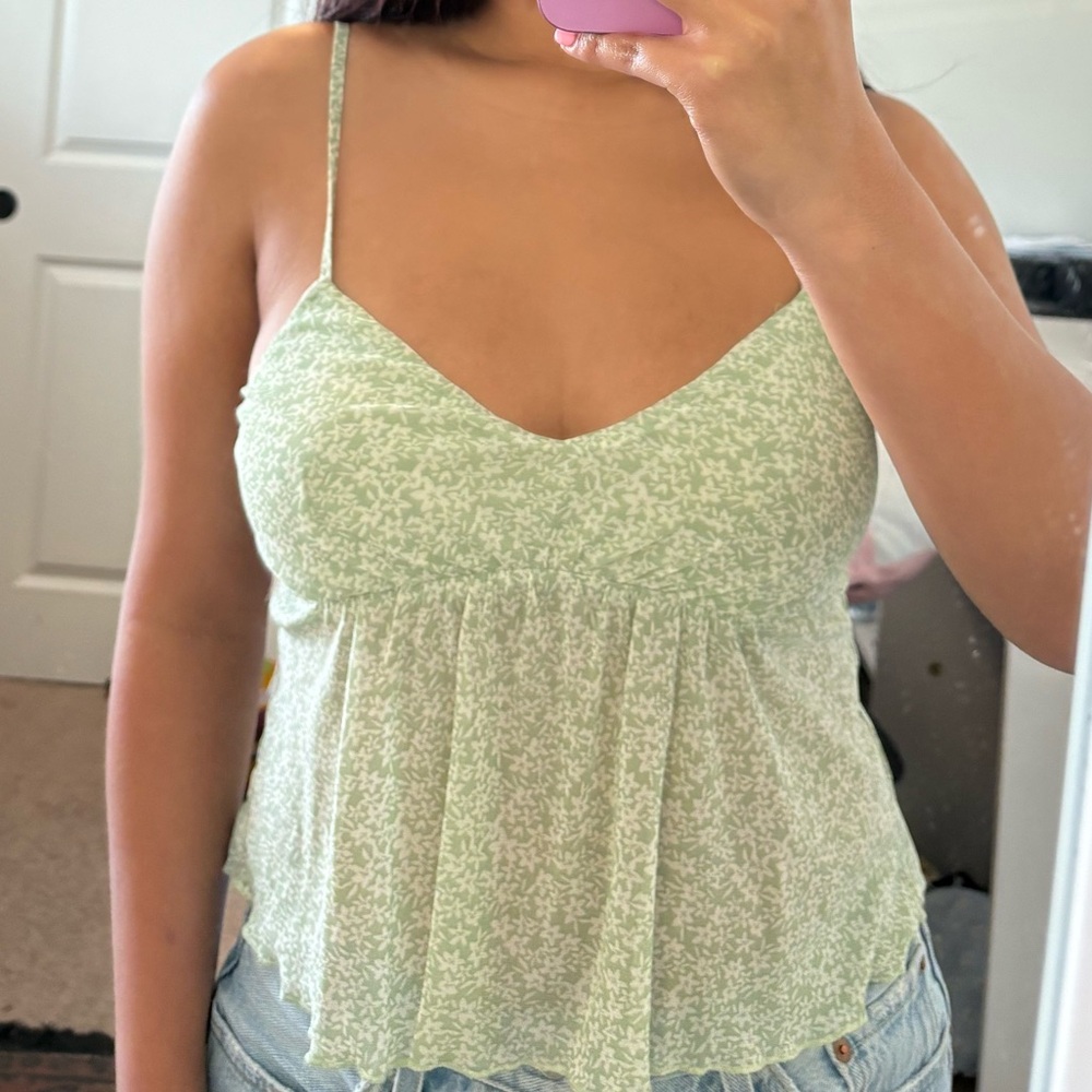 Women's Light Green Floral Spaghetti Strap Top